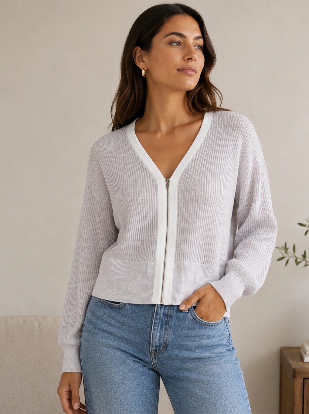 RHONE Pars Pars V-neck Ribbed Cardigan in Grey Lavender Ultrasoft Women's XS NWT